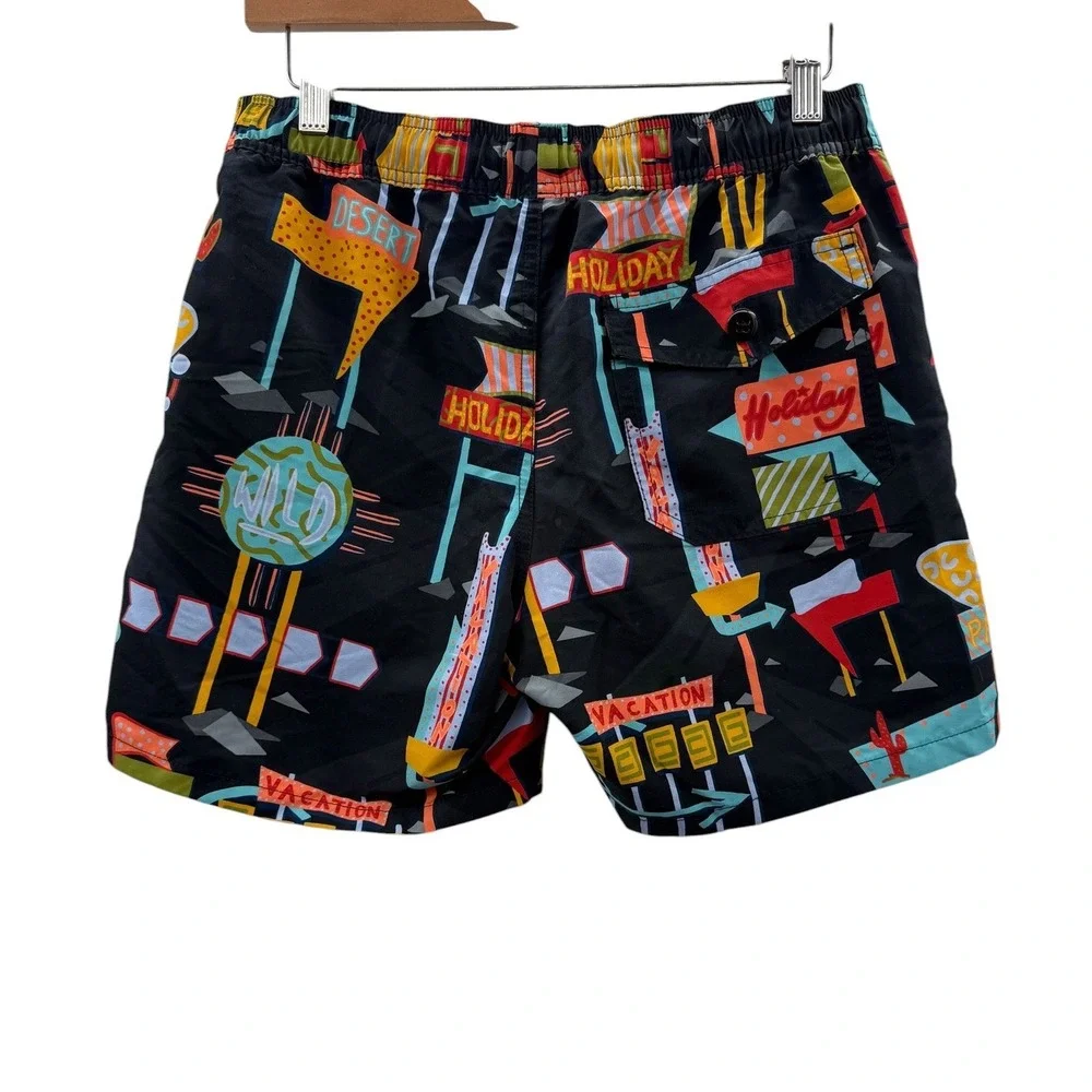 J.Crew Mens Swim Trunks Small Black Retro Neon Sign Print 6